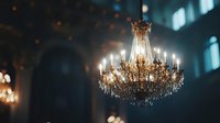 Elegant crystal chandelier with lit candles hanging in dark atmospheric interior, creating warm glow against blurred architectural background.