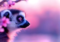 Ring-tailed lemur close-up portrait with pink cherry blossoms and purple sunset background, showing distinctive red eyes and black and white fur pattern in dreamy atmosphere.