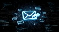 Digital email communication concept with glowing envelope icon surrounded by message bubbles on dark technology background for business marketing.