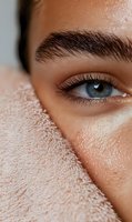 Close-up macro shot of bright blue eye with long eyelashes and defined eyebrow against glowing skin, showcasing natural beauty and skincare concept.
