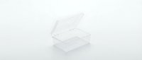 Clear transparent plastic storage box with hinged lid open on white background isolated for product photography and commercial use.