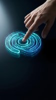 Hand touching glowing turquoise spiral hologram with particles on dark background. Represents digital innovation, technology interaction, and futuristic interface design.