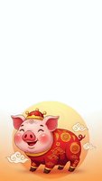 Cute cartoon pig wearing traditional red outfit with golden decorations and crown, smiling happily against warm sunset background with clouds.