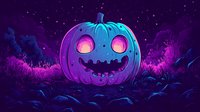 Glowing neon pumpkin with happy expression in mystical purple night landscape with luminous grass and starry sky, spooky halloween seasonal decoration.