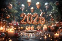 Festive 2026 gold foil balloons surrounded by Christmas decorations, pine branches, ornaments, and glowing candles creating magical holiday atmosphere.
