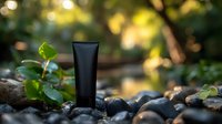 Black cosmetic tube on stones with green leavesup for skincare product packaging in spa wellness setting.