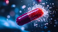 Red and purple medical capsule pill exploding with powder effect against dark blue background with bokeh lights, dramatic pharmaceutical concept.