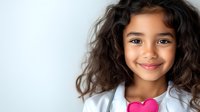 Young Hispanic girl with curly dark hair wearing white shirt smiles warmly while holding bright pink heart shape against light background, expressing joy and innocence.
