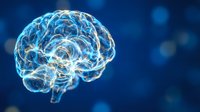 Digital brain with glowing neural networks and electrical connections on blue background for medical technology and artificial intelligence concepts.