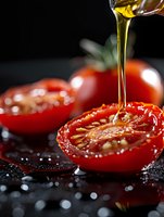 Fresh red tomato halves with golden olive oil pouring in stream, creating glossy drops on dark background with water droplets, macro food photography.