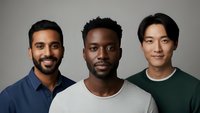 Three diverse young men smiling at camera in casual clothing against neutral background for business teamwork and friendship concepts.
