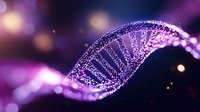 Glowing DNA helix structure with purple and pink particles on dark background, genetic research concept with bokeh light effects and digital particles.