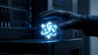 Gloved hand holding glowing digital network cube with blue light particles in modern server room environment for technology and innovation concepts.