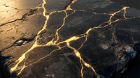 Golden lightning cracks spread across dark marble surface, creating abstract branching patterns with warm metallic veins for luxury design projects.