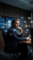 Middle-aged male professional in dark business suit contemplating email network visualization with data analytics charts on digital display in modern office environment for communication technology concepts.