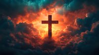 Dramatic Christian cross silhouette against fiery sunset sky with dark turquoise storm clouds, spiritual and religious concept for faith-based designs.