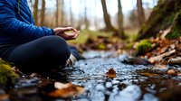 Person meditating by forest stream with autumn leaves, sitting in lotus position on mossy ground. Peaceful mindfulness scene with flowing water and natural woodland setting.