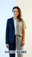 Split screen concept showing professional woman in business suit and casual wear representing work life balance and career flexibility.