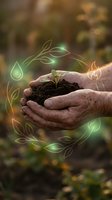 Mature hands holding seedling in soil with glowing leaf and water drop icons, symbolizing environmental care, sustainability, and eco-friendly growth for conservation campaigns.