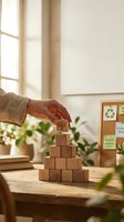 Hand placing wooden block with recycling symbol on pyramid of eco-friendly cubes in sustainable office environment with natural lighting and green plants.