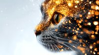 Dramatic close-up profile of gray cat face with glowing amber eye and magical golden sparkles and light particles creating ethereal atmospheric effect against dark background.