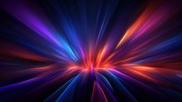Vibrant light rays burst from center point creating dynamic abstract background with blue, purple and orange colors radiating outward in dramatic motion effect.