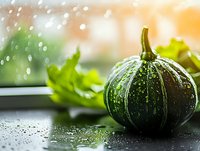 Fresh dark green pumpkin with water drops on black surface against blurred bokeh background with lettuce leaves, moody autumn food photography.