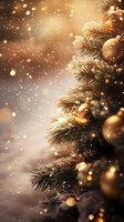 Festive pine branches with golden ornaments and falling snow creating magical holiday atmosphere against warm bokeh background. Vertical composition.