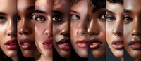 Diverse faces of women with different skin tones and ethnicities wearing glamorous makeup, showcasing beauty and inclusion in cosmetic advertising and fashion industry.