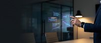 Business professional using smartphone with holographic digital interface displaying data analytics in modern office environment for technology presentations.