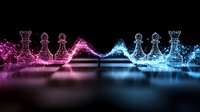 Glowing chess pieces in pink and blue neon light effects facing each other on dark surface for strategic business concepts and competitive gaming themes.