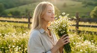 Young blonde Caucasian woman holding wildflower bouquet in countryside field during golden hour sunset with peaceful expression and natural lighting.