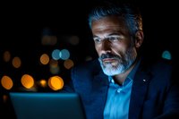 Mature businessman with gray beard working late on laptop in dark office, illuminated by blue screen light against blurred city bokeh background.