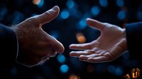 Two hands reaching toward each other in dramatic lighting with blue bokeh background, symbolizing connection, partnership and human interaction.