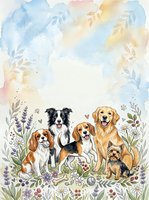 Watercolor group of dogs with flowers, border collie, beagle, golden retriever, spaniel and yorkie in a soft floral meadow with copy space.