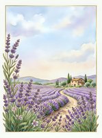 Watercolor lavender field landscape with rustic farmhouse and winding path through purple blooms under soft pastel sky for romantic countryside decor.