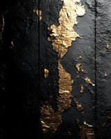 Peeling black paint reveals golden metallic texture underneath, creating abstract pattern on weathered surface. Dramatic lighting highlights rough, textured detail.