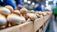 Fresh white button mushrooms arranged in wooden crate at farmers market, selective focus on foreground with natural bokeh background. Food photography.