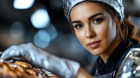 Young woman in gray beanie and black uniform working at bakery counter with fresh pastries, warm bokeh lights in background, professional food service setting.