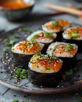 Fresh sushi rolls topped with salmon, red caviar, green onions and sesame seeds served on ceramic plate. Close up view with selective focus.