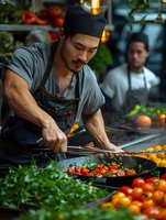 Asian chef in denim apron cooking fresh vegetables in wok pan at restaurant kitchen. Professional culinary preparation with authentic cooking technique.
