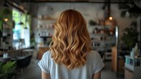 Back view of woman with wavy blonde and copper hair in salon, showing professional coloring technique with dimensional highlights.