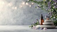 Zen spa composition with essential oil bottle, stacked stones, lavender flowers and crystals against soft bokeh background for wellness and aromatherapy.