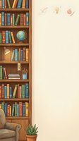 Wooden bookshelf filled with colorful books, globe, desk lamp, pencils, and potted plant on cream background. Isolated design element for educational posters, back-to-school graphics, and learning-themed projects.