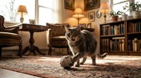 Tabby cat playing with toy mouse on area rug in cozy living room with bookshelves, armchair, and warm lighting for pet entertainment and home decor.