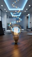 Glowing light bulb with illuminated financial icons and upward trending graphs floating above on modern office ceiling with blue neon lighting, representing business growth and investment strategy.