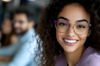 Young African American woman with curly hair wearing stylish purple glasses frames smiles warmly at camera, showing genuine happiness and confidence in casual office setting.