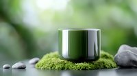 Green cosmetic cream jar on moss with stones against blurred natural background, luxury skincare and spa concept for beauty product packaging.