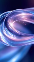 Flowing abstract waves in blue and pink create dynamic spiral motion with glowing light particles and bokeh effects against dark background.