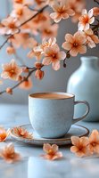 Ceramic blue cup with coffee on saucer surrounded by blooming peach cherry blossoms and decorative vase, spring morning atmosphere on light background.